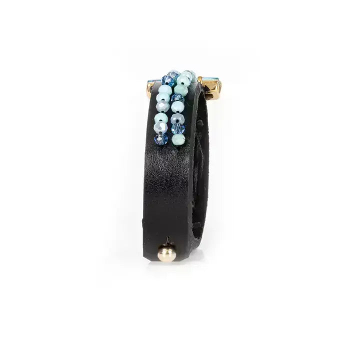 Azure Crystal Beaded Leather Cuff Bracelet
