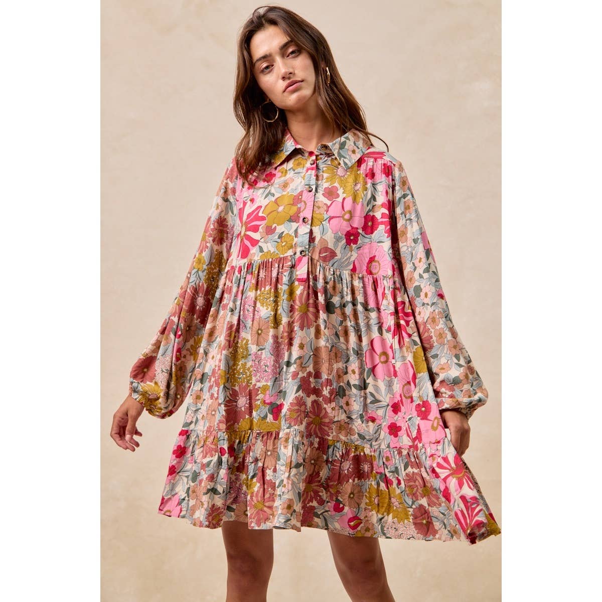 FLORAL PRINT SHIRRING BUTTONED TIERED SHIRT DRESS