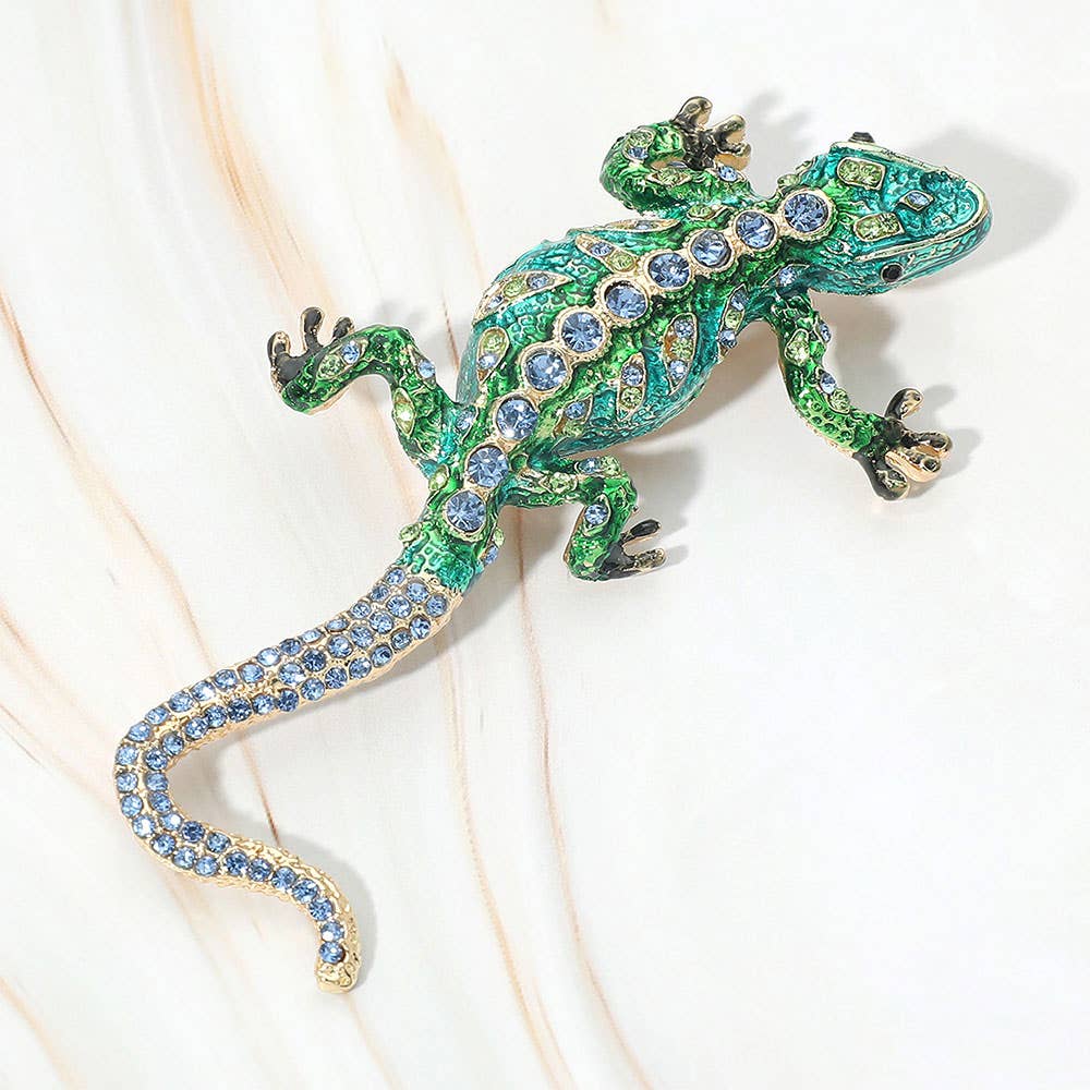 Rhinestone Embellished Enamel Lizard Statement Pin Brooch