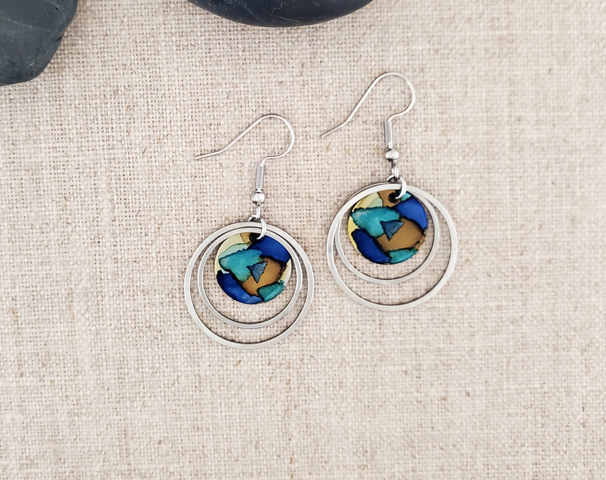 Alcohol Ink Stainless Steel Double Hoop Circle Earrings