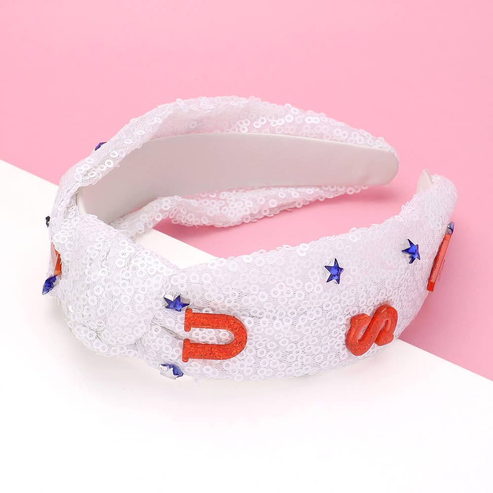 American USA Star Stone Embellished Sequin Knot Headband
