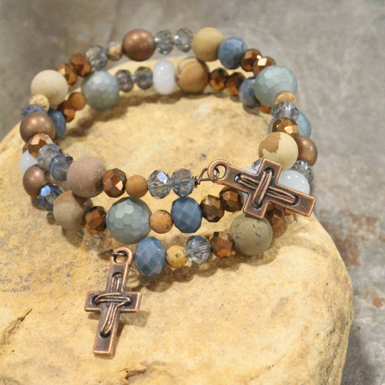 Copper Cross & Stone Wrap Bracelet