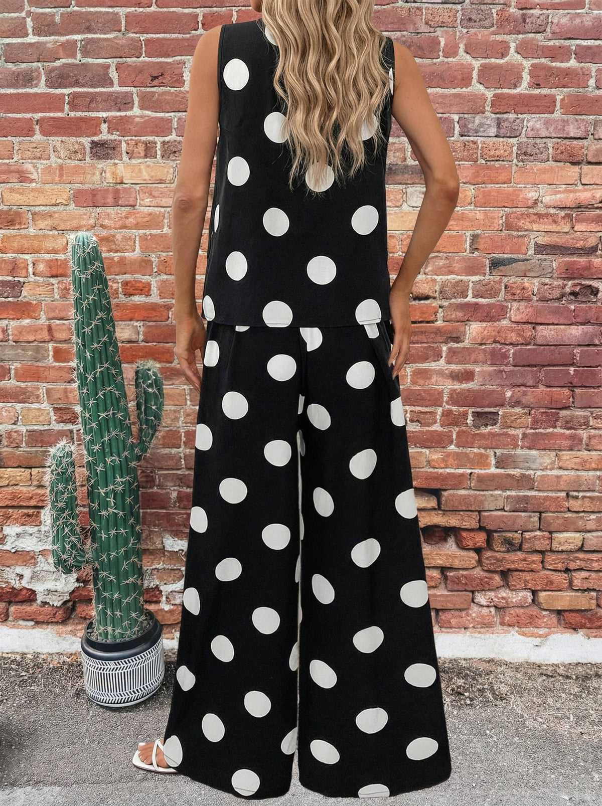 Spring Polka Dot Print Pleated Tank Casual Wide Leg Outfit
