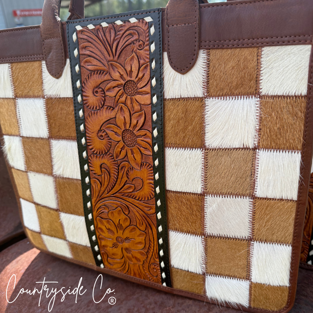 Virginia Cowhide Checkered Tote Handbag, Rust Tone Leather