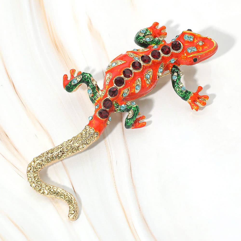 Rhinestone Embellished Enamel Lizard Statement Pin Brooch