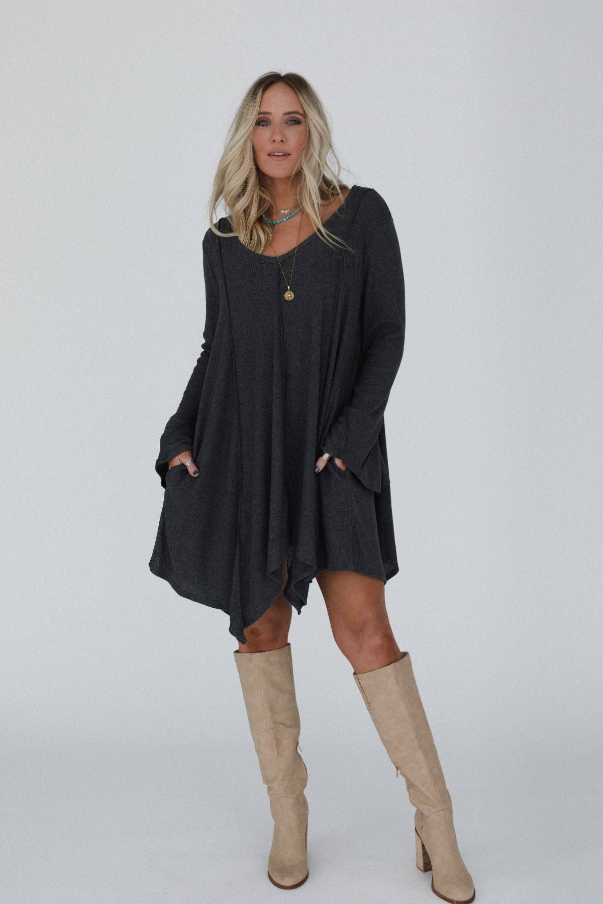 Golden Hour Long Bell Sleeve Tunic Dress - Charcoal: