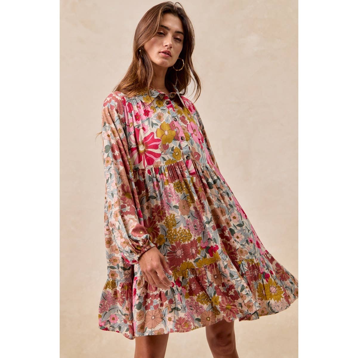FLORAL PRINT SHIRRING BUTTONED TIERED SHIRT DRESS