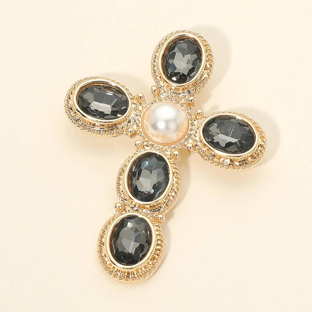Pearl Oval Stone Vintage Cross Pin Brooch