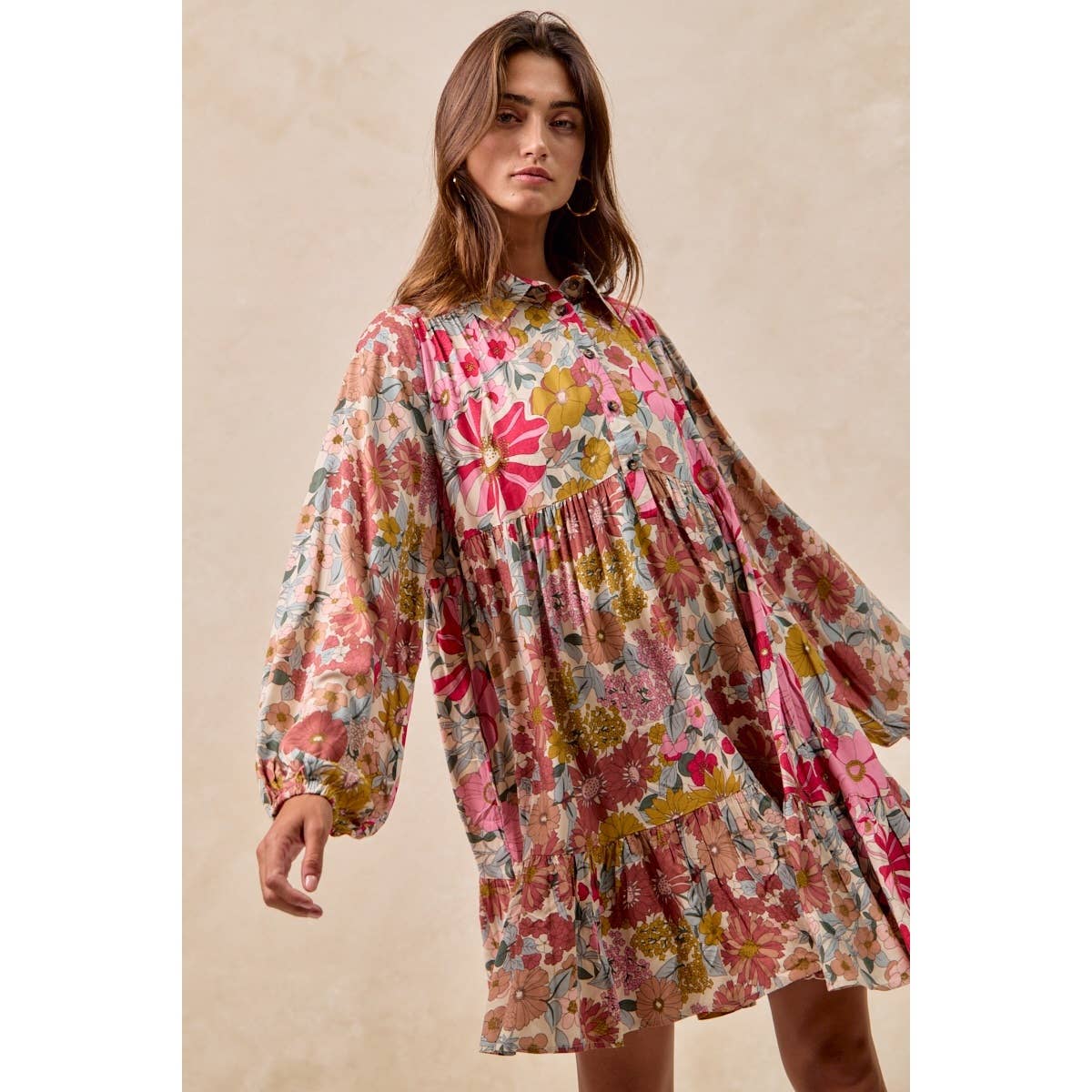 FLORAL PRINT SHIRRING BUTTONED TIERED SHIRT DRESS