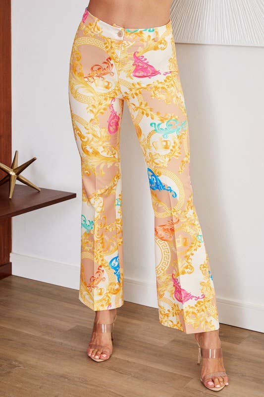 Baroque Print Long Flare Pants: Beige/Gold