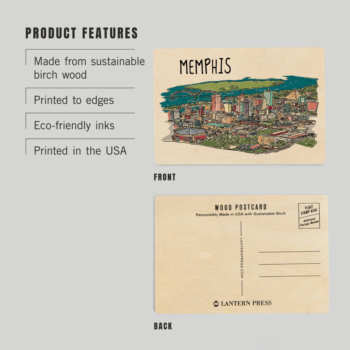 WOOD POSTCARD Memphis, Tennessee, Line Drawing