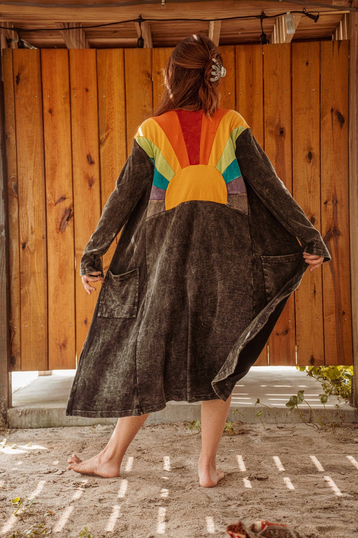 Sun Ray Cardigan, Cotton Earthy Hippie Boho Style Duster: Black / Mixed color on back