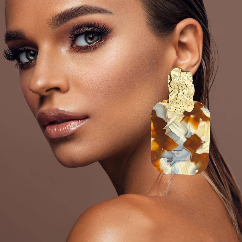 Oversized Patterned Celluloid Acetate Plate Accent Doorknocker Earrings