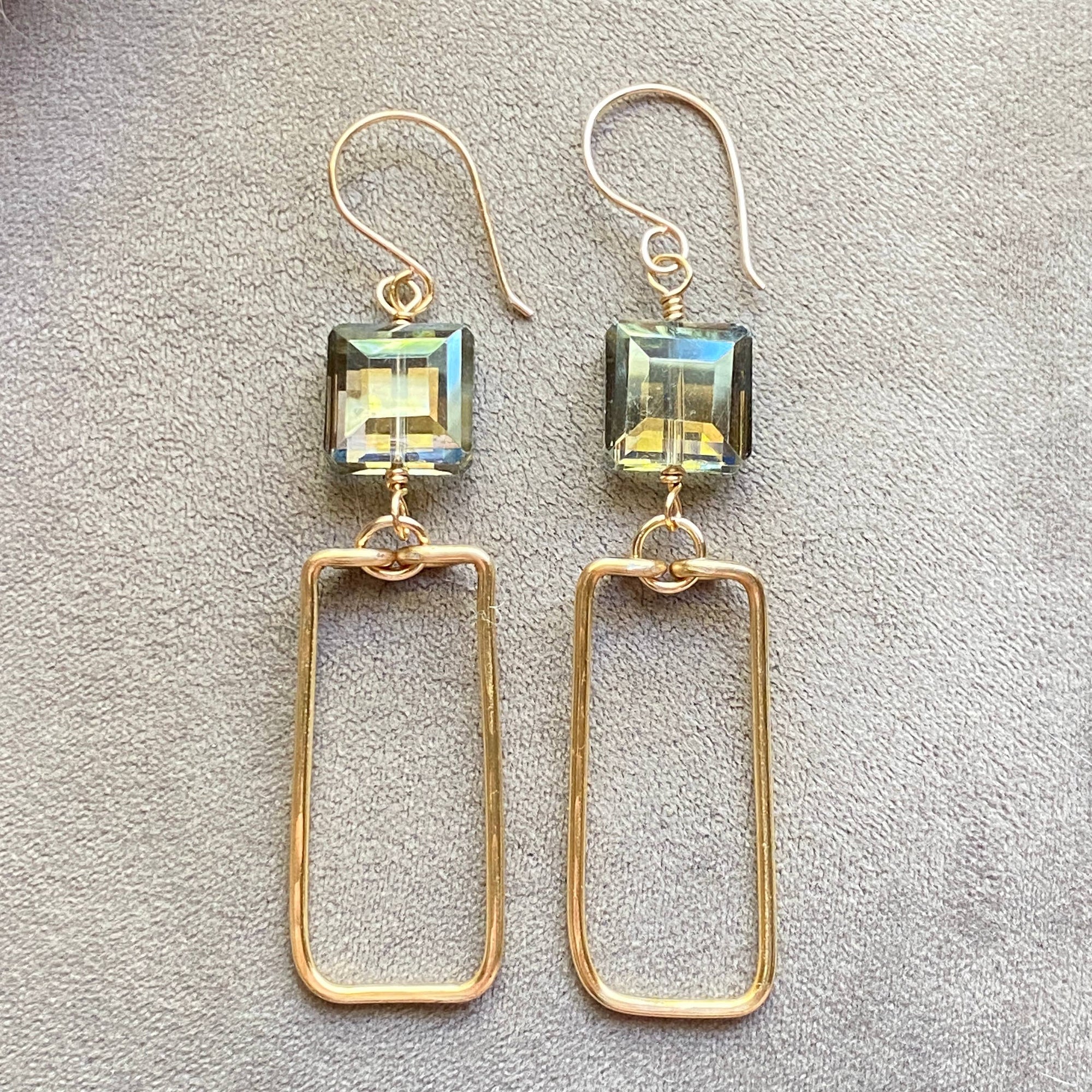 Green - Gold Hammered Rectangle and Square Crystal Earrings Green: