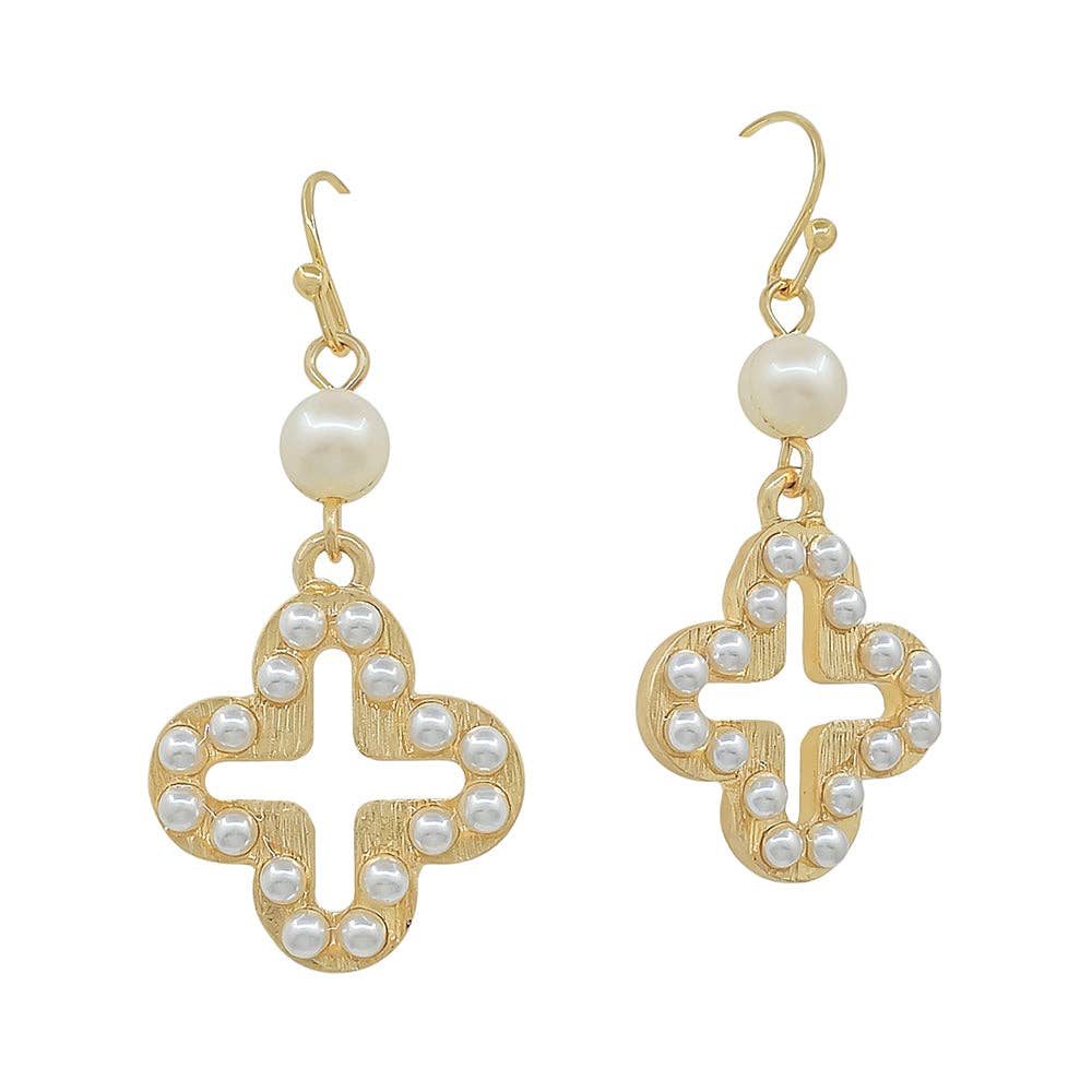 Gold Open Clover with Dotted Pearls 1.25" Drop Earring