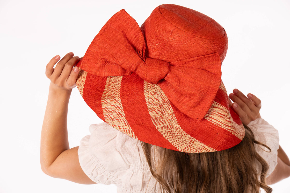 Audrey 5" Wide Brim Big Bow Stripe Straw Sun Hats