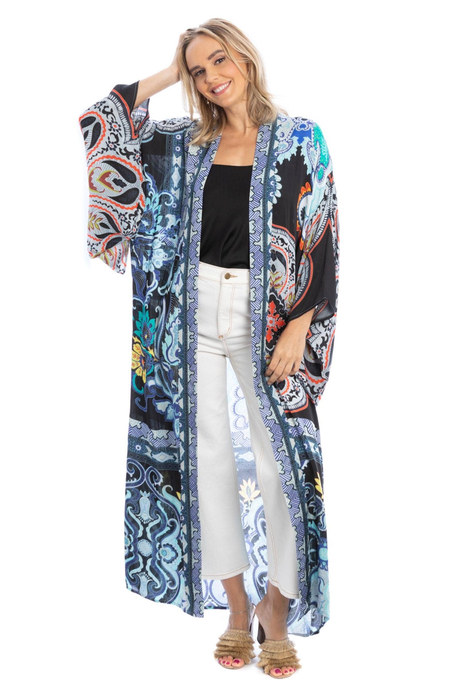 Margo Multi Paisley Print Kimono: Blue Combo