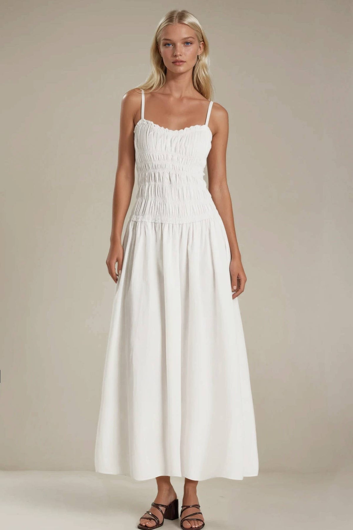 WHITE SMOCKED MAXI COTTON DRESS W3190DIA