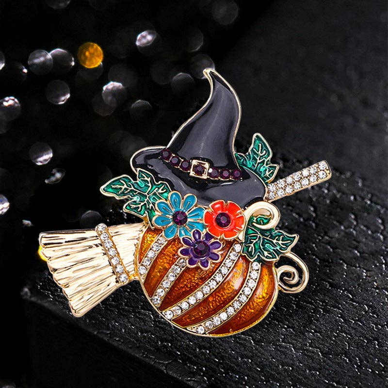 Halloween Pumpkin Witch Floral Playful Rhinestone Brooch