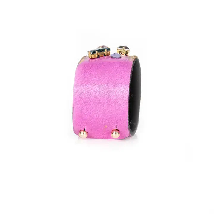 Prism Chaos Cuff Pink Leather Multicolor Crystal Statement