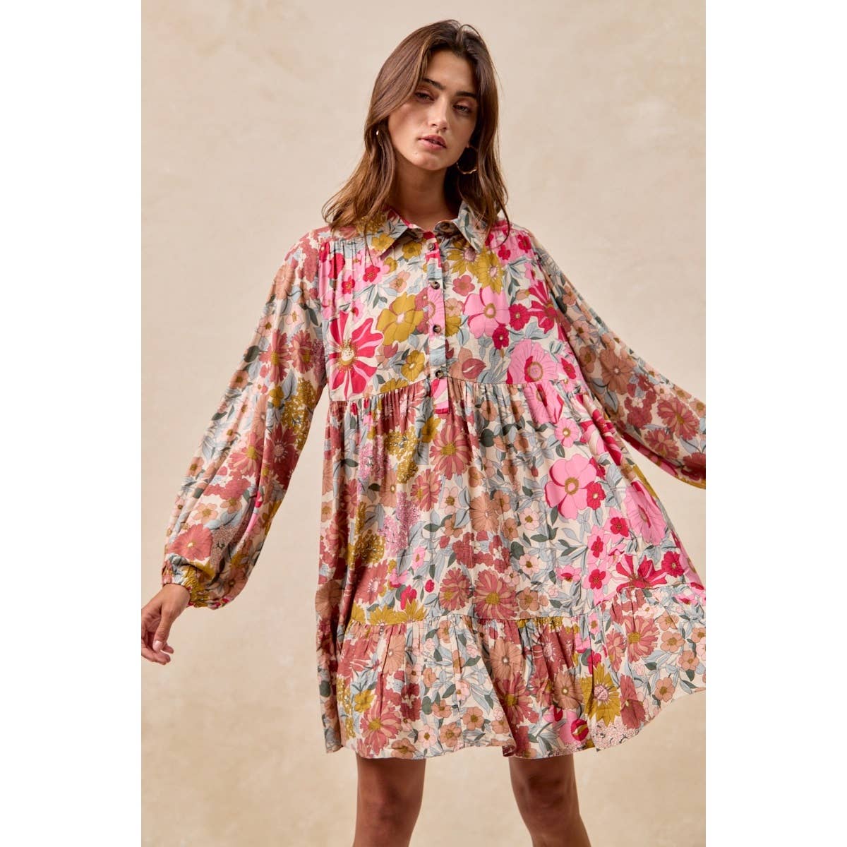 FLORAL PRINT SHIRRING BUTTONED TIERED SHIRT DRESS