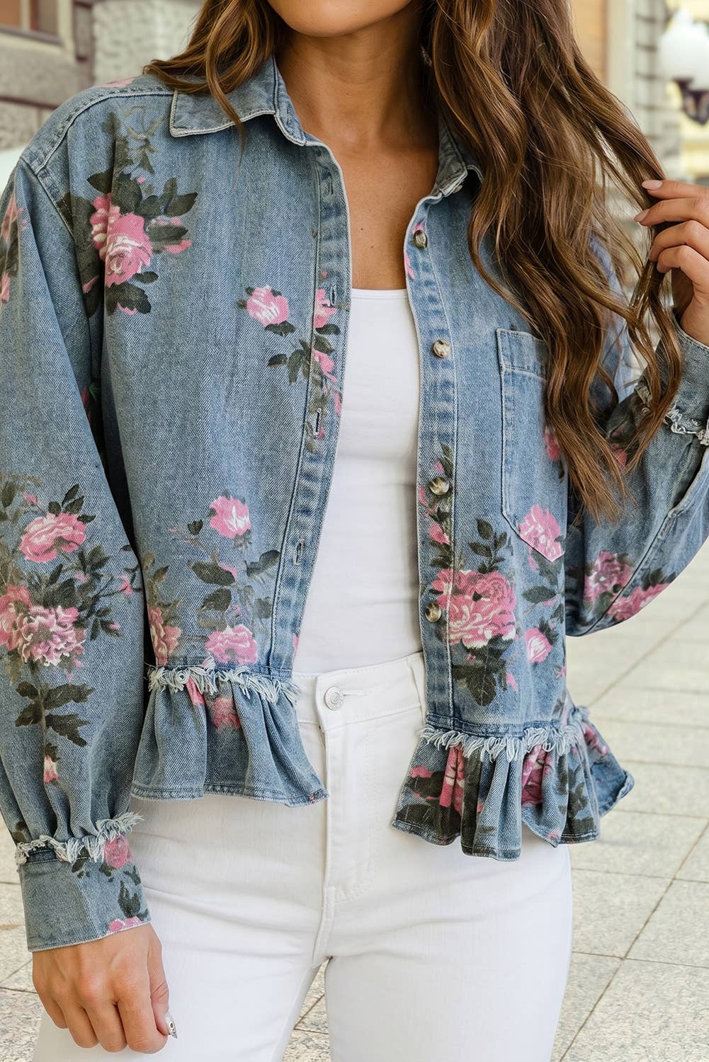 Floral Print Ruffled Denim Jacket