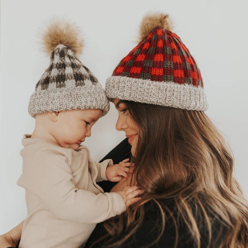 Red Buffalo Check Pom Pom Beanie Hat
