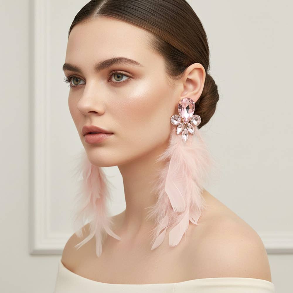 Bold Teardrop Stone Accent Feather Drop Statement Earrings