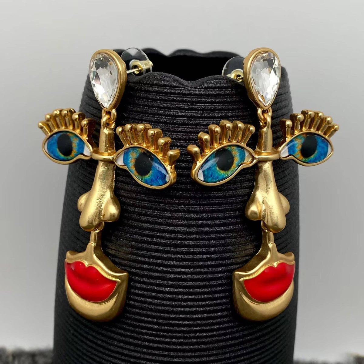 Nose Eyes Red Lips 18K Golden Abstract Face Dangle Earrings