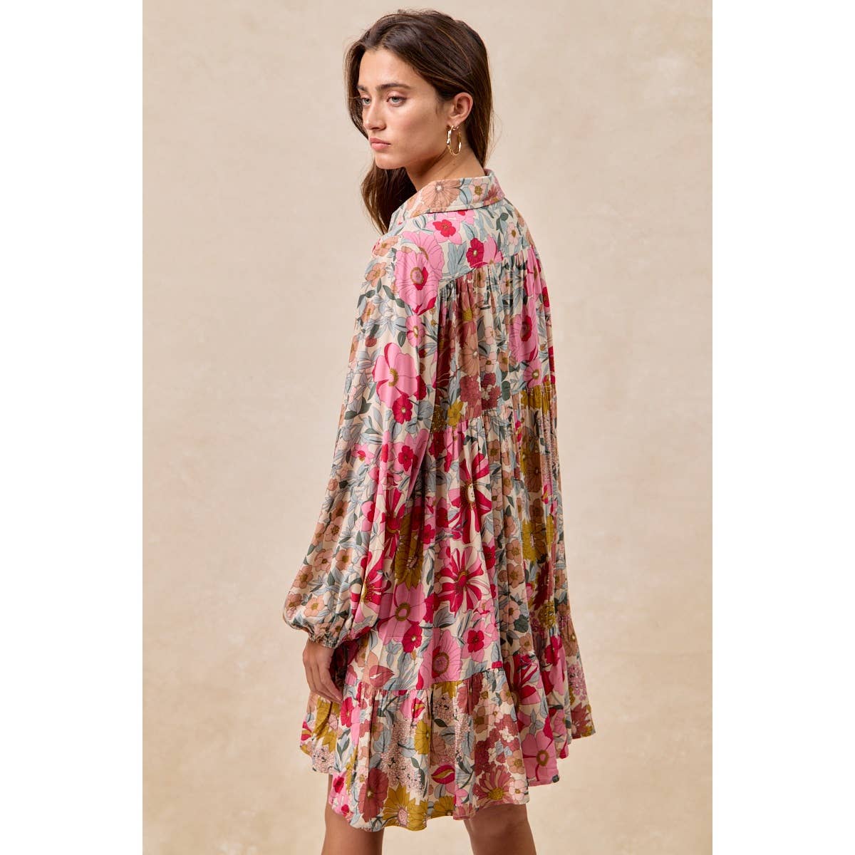 FLORAL PRINT SHIRRING BUTTONED TIERED SHIRT DRESS