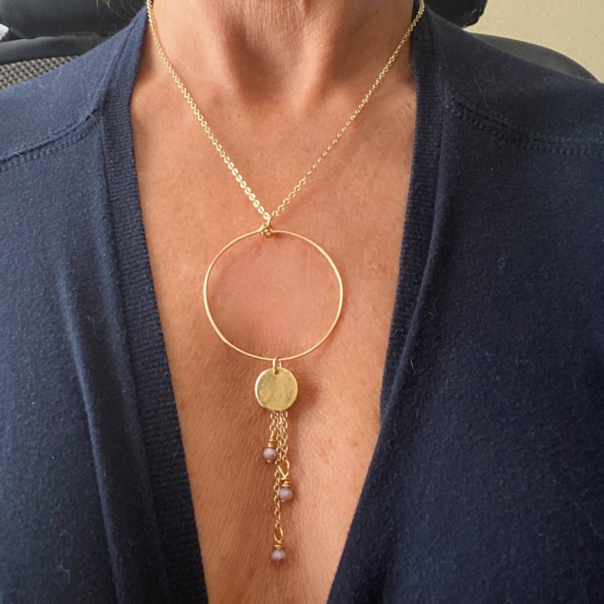 Gold - Hoop Necklace Chain Pendant Hammered Coin Lavender: Gold