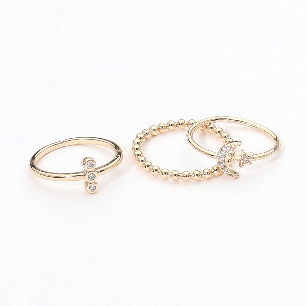 Genuine Gold Dipped Stone Pave Crescent Moon Star Beaded Stackable Ring Set