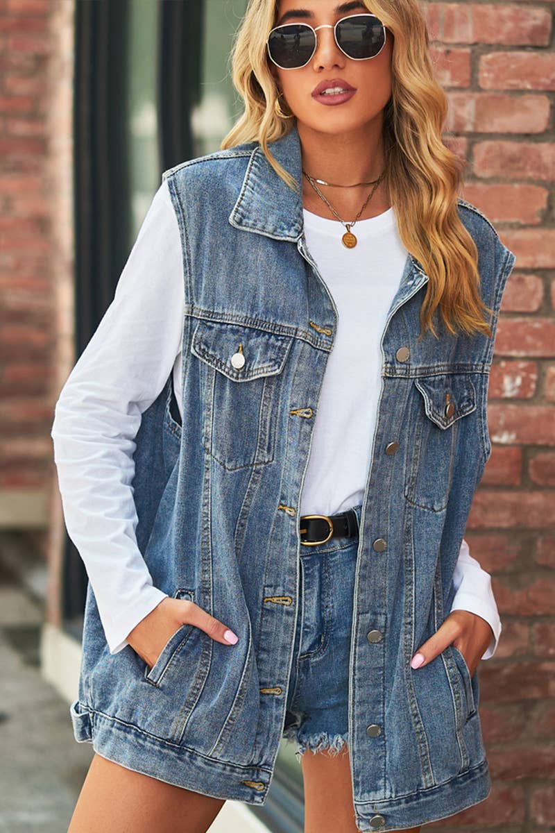 VINTAGE BUTTON UP POCKET COLLAR DENIM VEST: BLUE