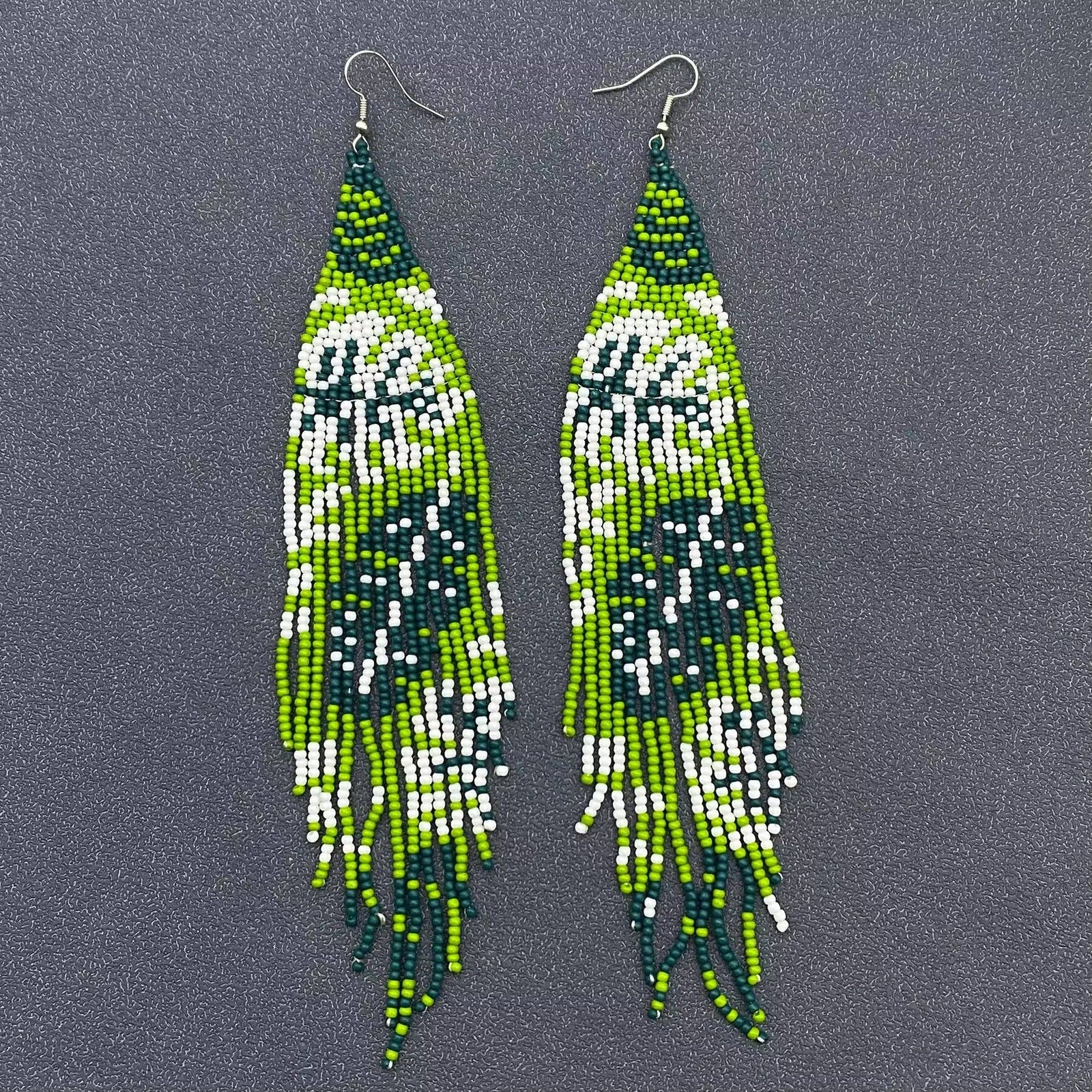 Green Tone Plant Seed Beads Long Fringe Earrings - SB