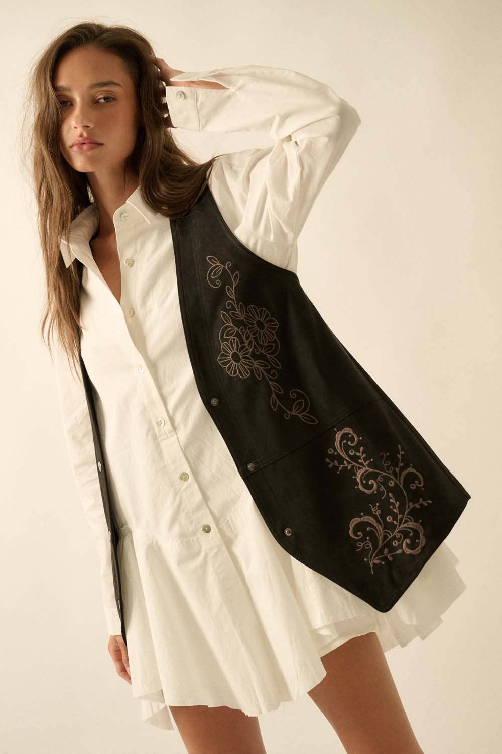 Floral-Embroidered Faux Suede Snap-Front Vest
