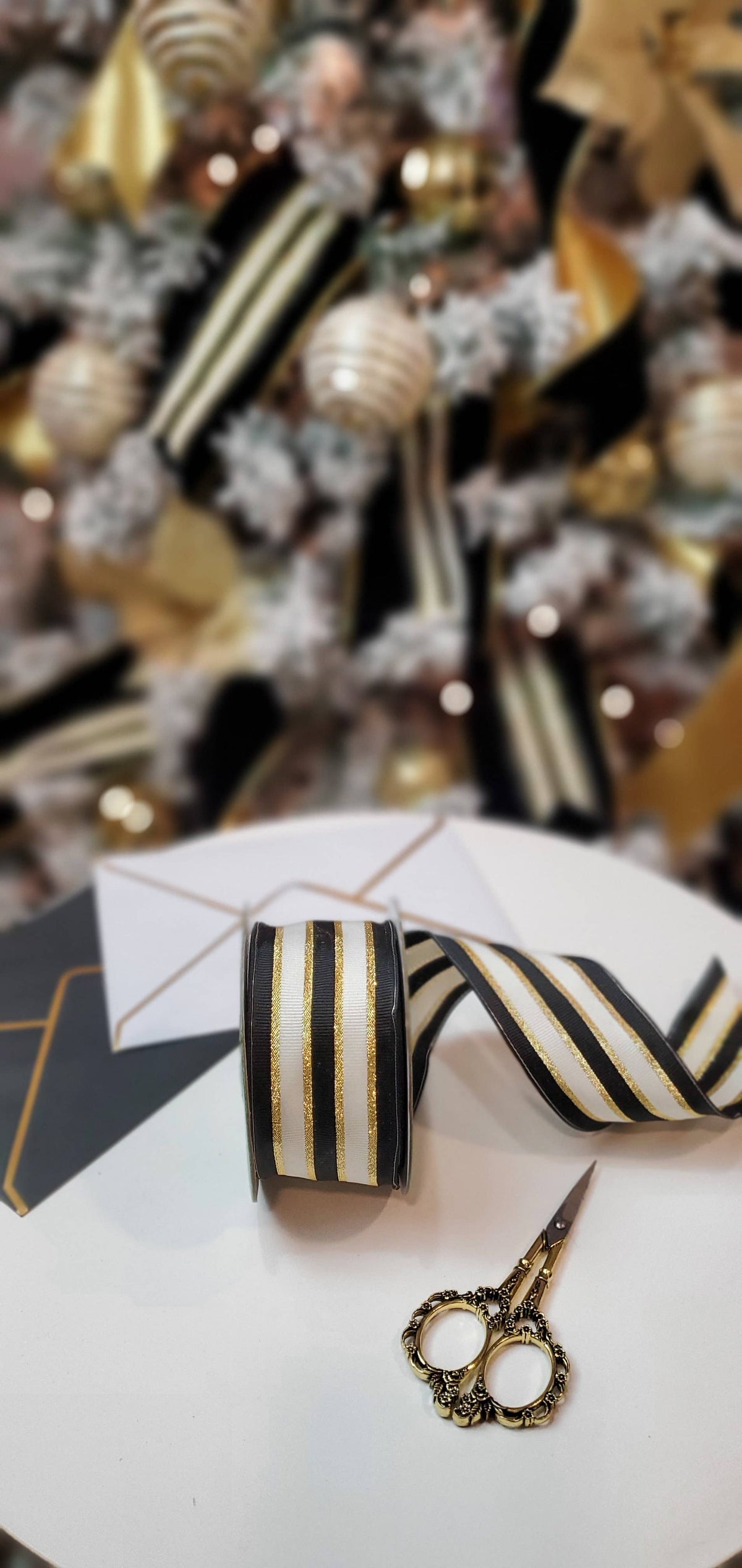 ~2" Green Woven Metallic Gold Stripe Wired Ribbon