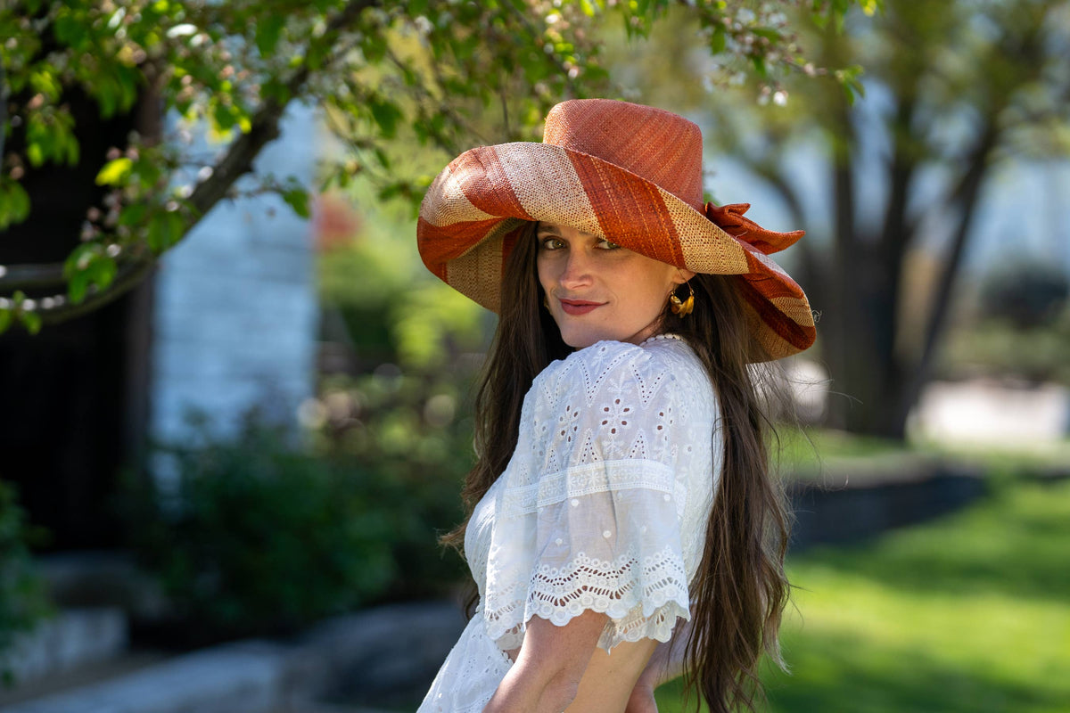 Audrey 5" Wide Brim Big Bow Stripe Straw Sun Hats