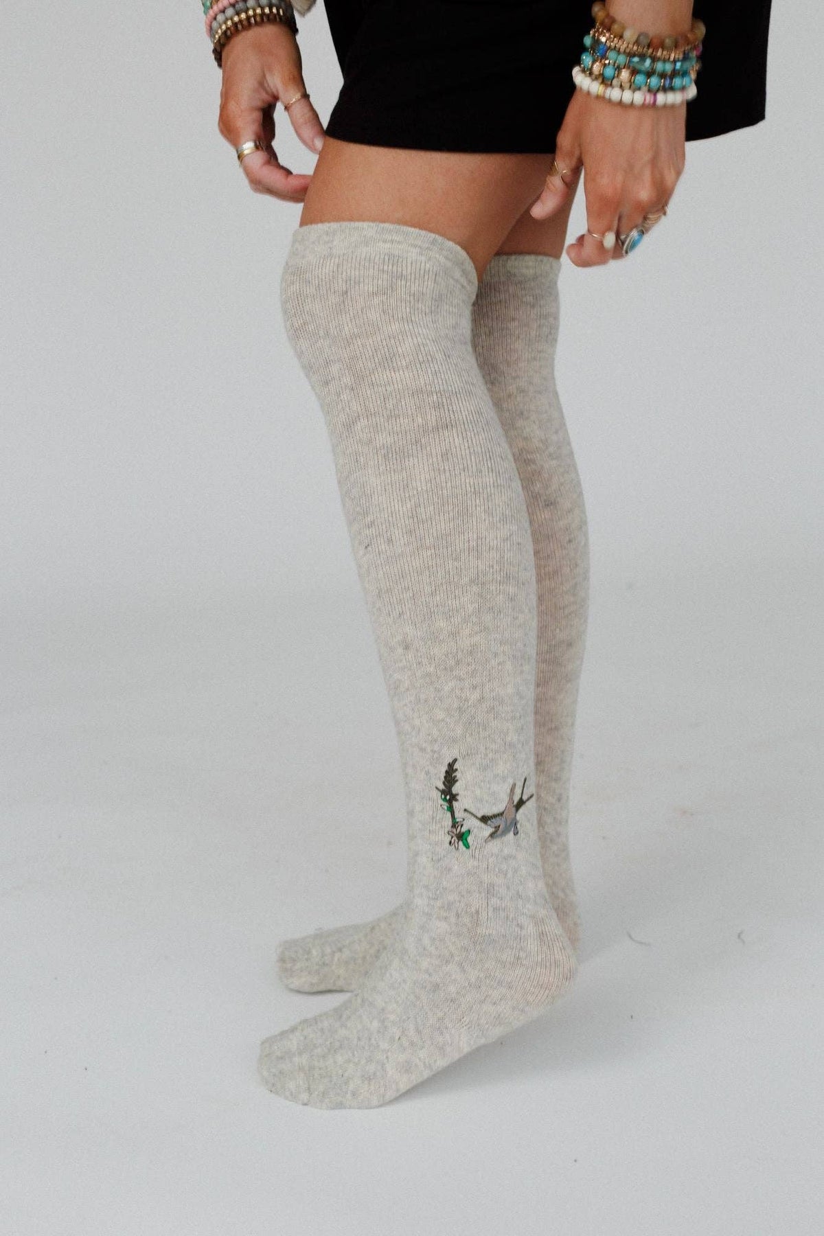 Birds Of A Feather Knee High Socks - Heather Gray: OS