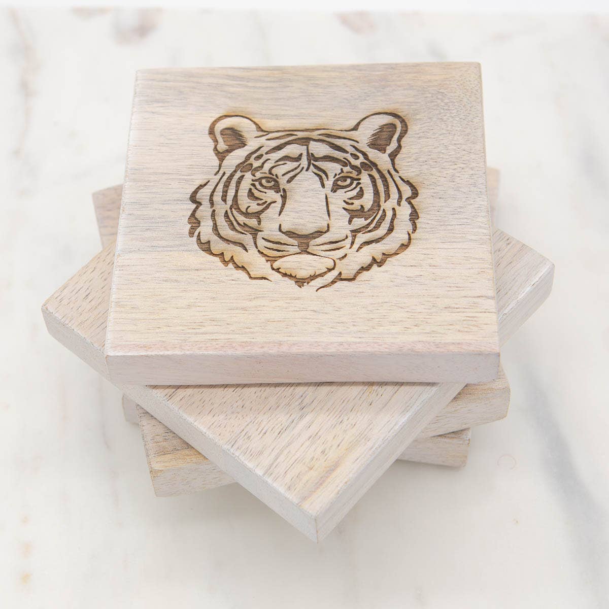 Tiger Etched Wood Coasters   Antique White   4x4