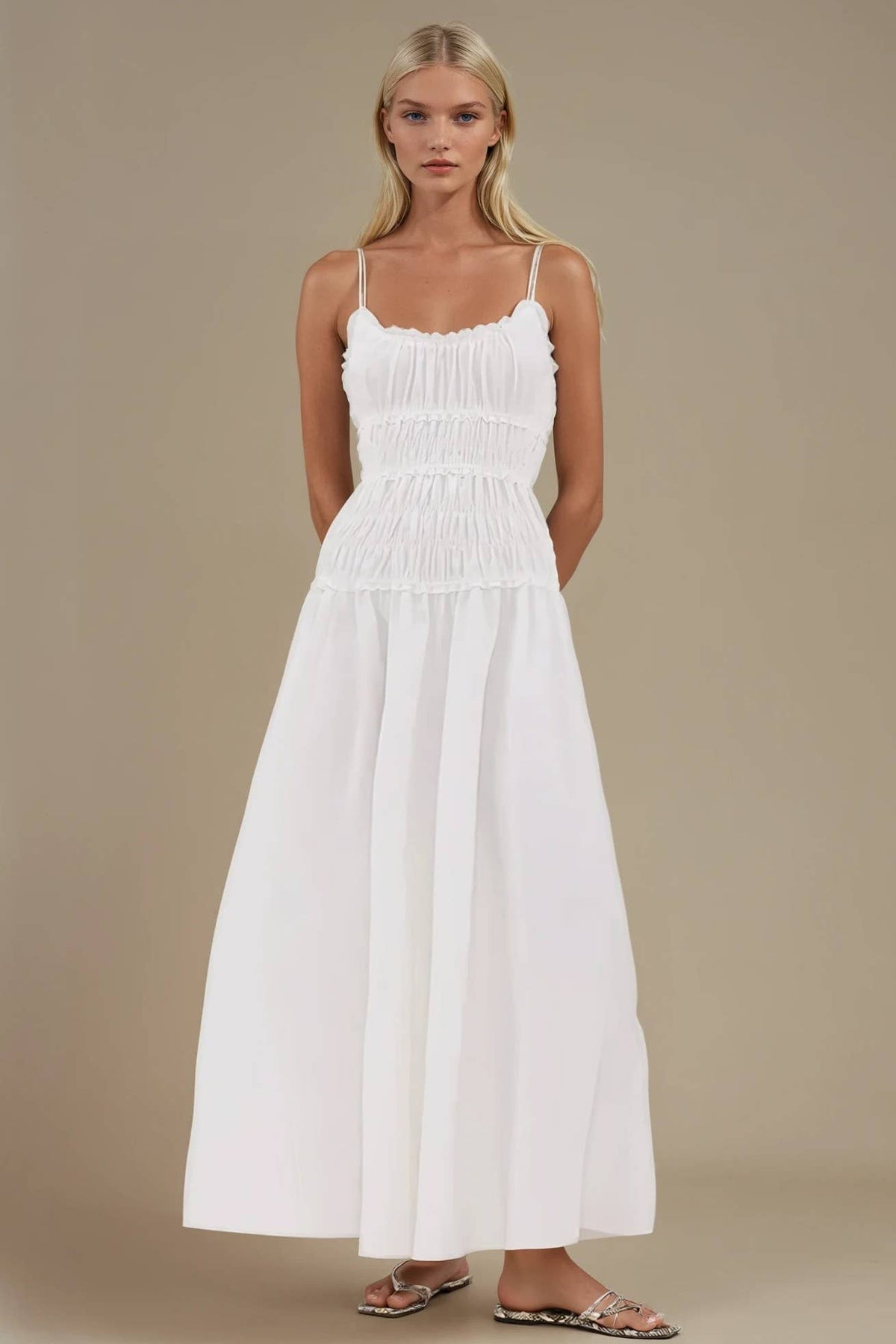 WHITE SMOCKED MAXI COTTON DRESS W3190DIA