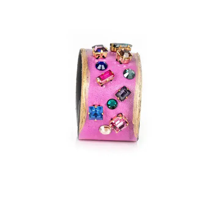 Prism Chaos Cuff Pink Leather Multicolor Crystal Statement