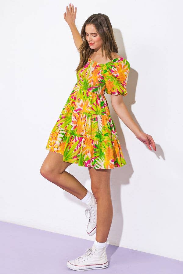 Mini Dress with Tropical Print / FUCHSIA LIME / Contemporary