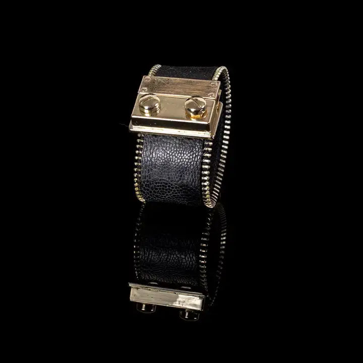 Bold Zip-Edge Leather Cuff Bracelet  Black &amp; Gold Hardware