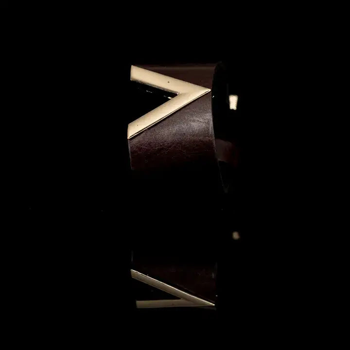 Brown Leather Cuff Bracelet Gold Chevron Plate