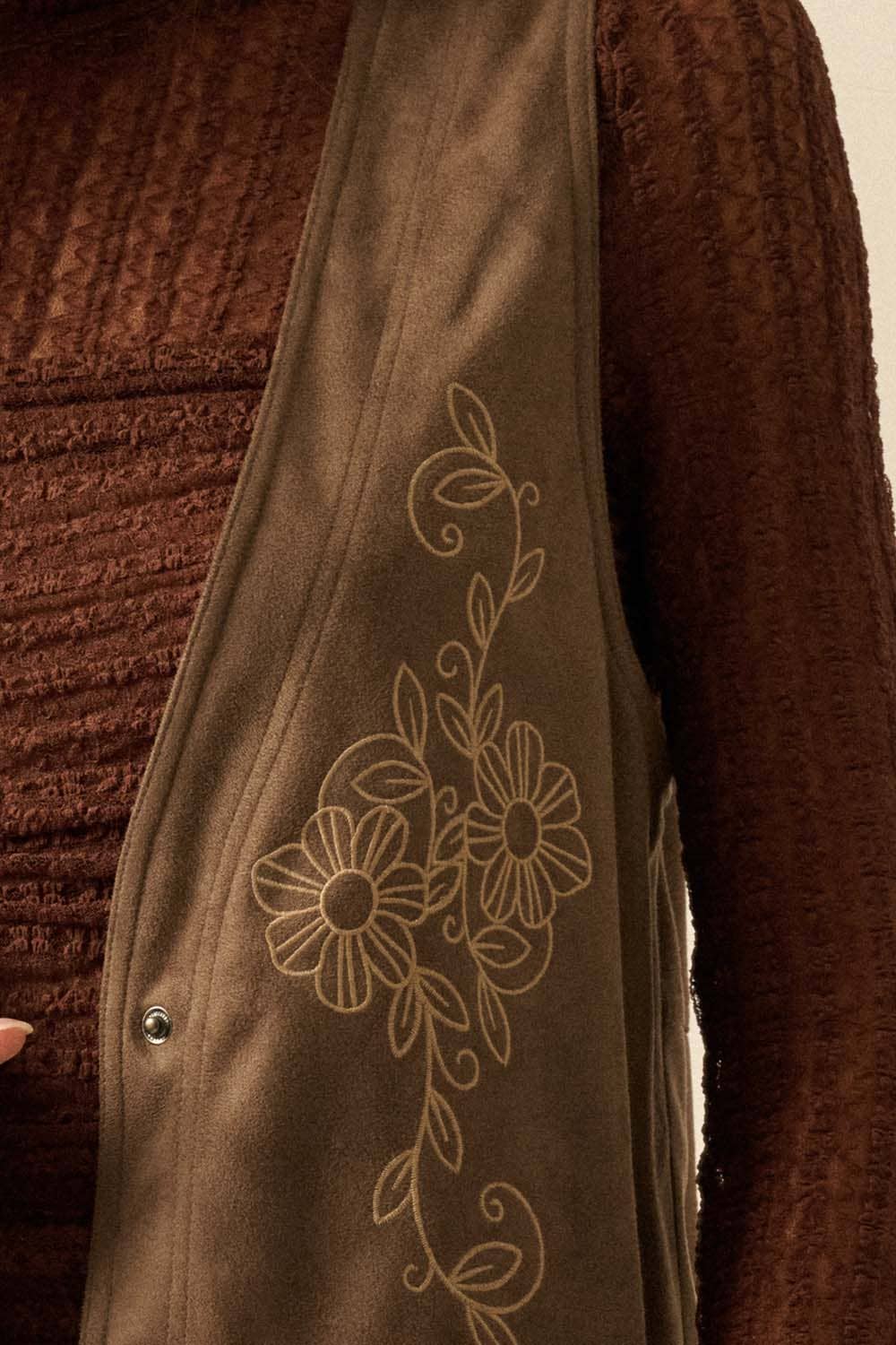 Floral-Embroidered Faux Suede Snap-Front Vest