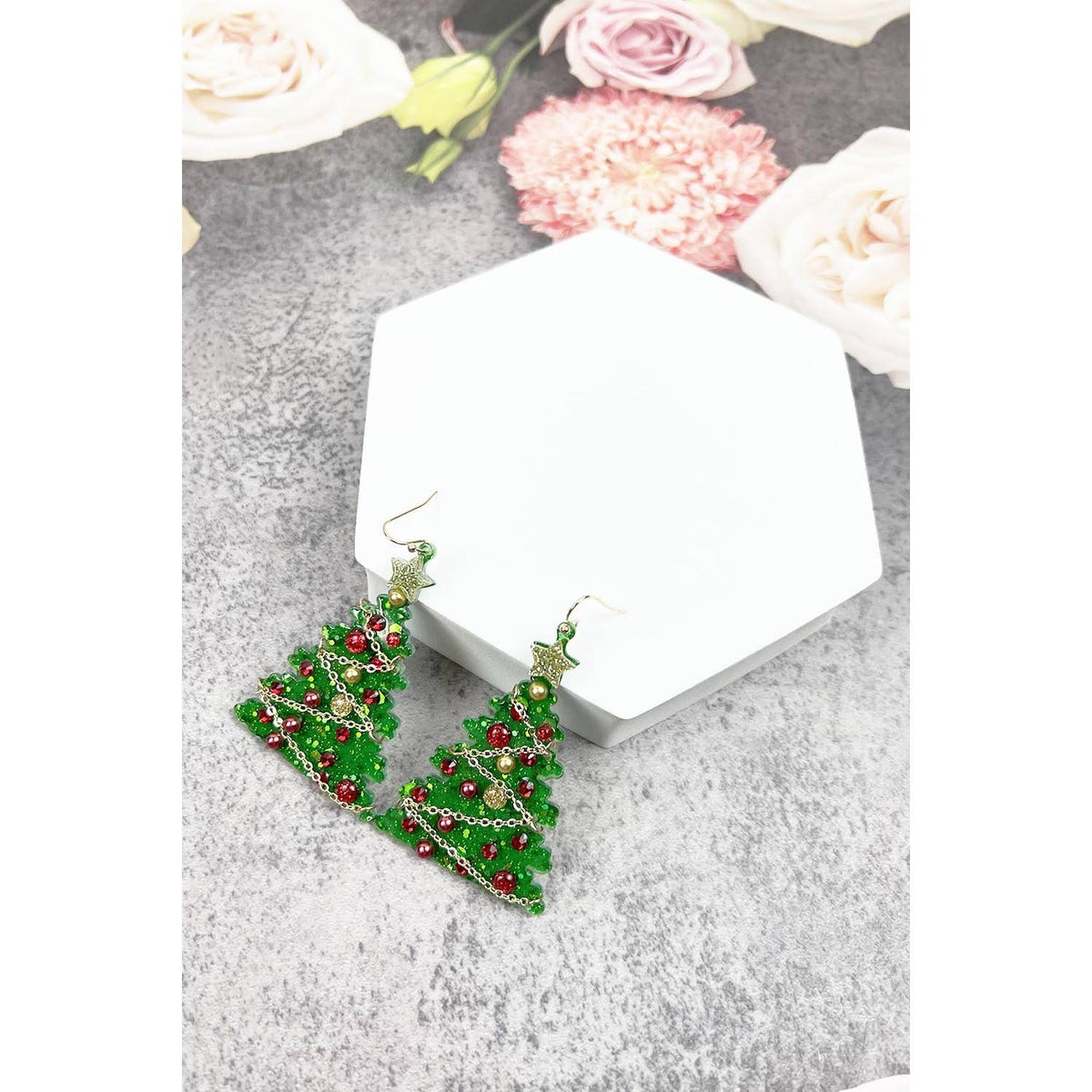 ACRYLIC CHRISTMAS TREE GLITTER HOOK EARRING: GREEN