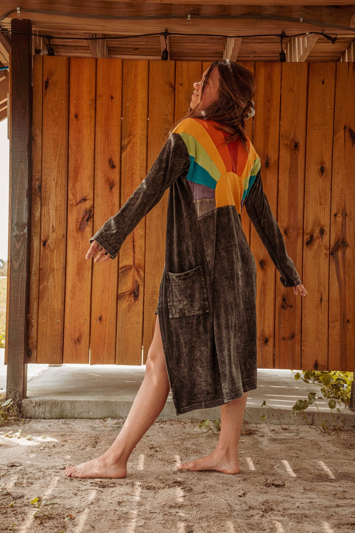 Sun Ray Cardigan, Cotton Earthy Hippie Boho Style Duster: Black / Mixed color on back
