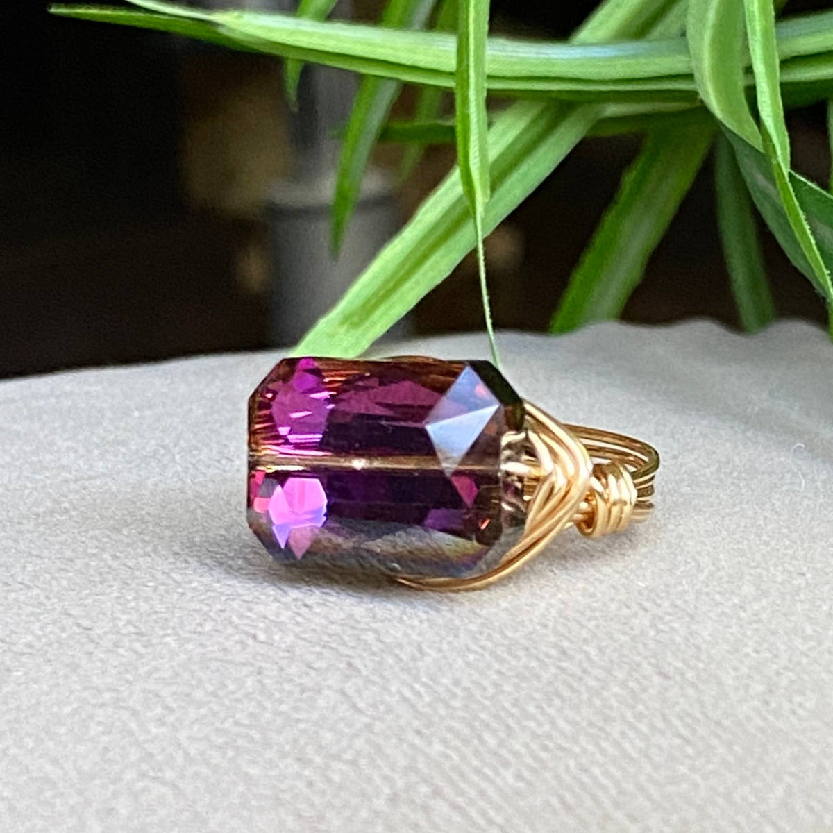 Purple - Crystal Ring Cocktail Statement Silver Wire Wrapped: Purple / Sterling Silver Plated