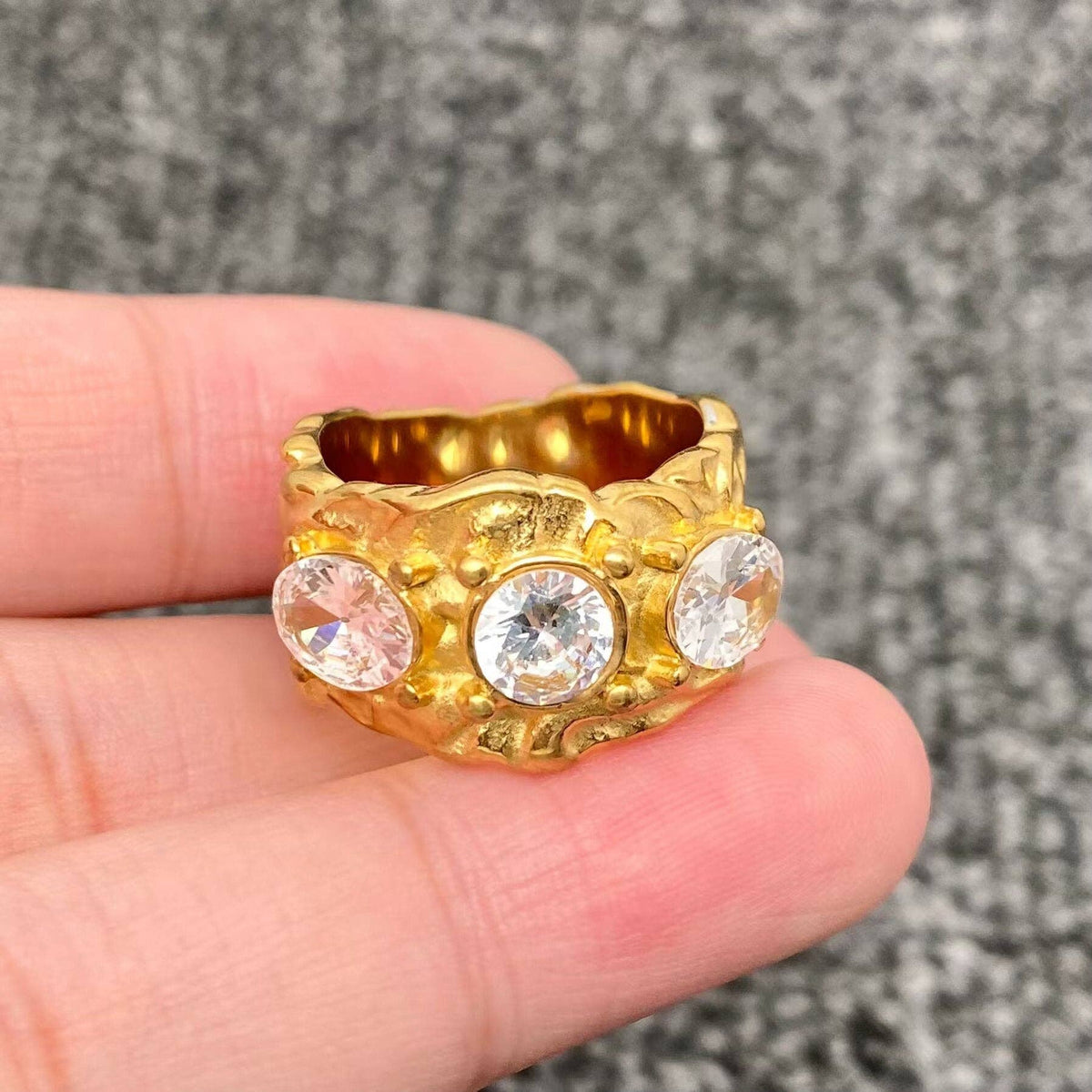 Inlaid Zircon 18K Gold Plated S.Steel Irregular Texture Ring