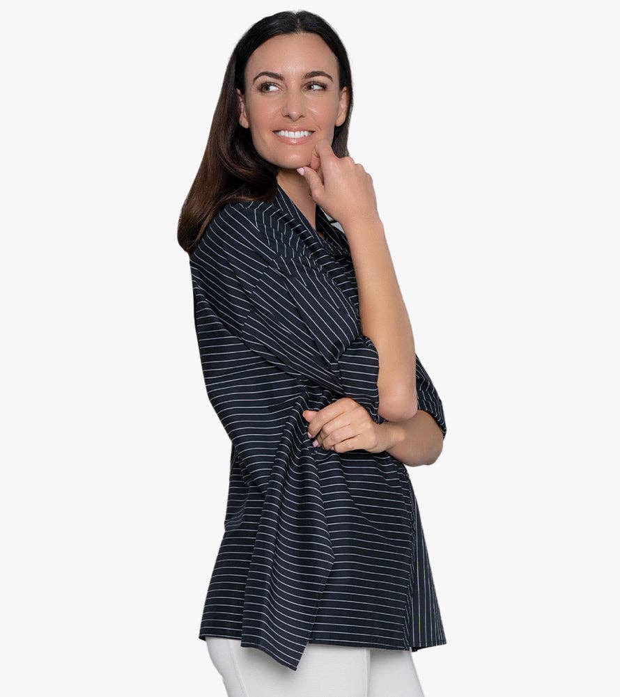 Women's Oversized Stripe Button-Front Top Attitude Shirt: L/XL / BLACK YARN DYE STRIPE